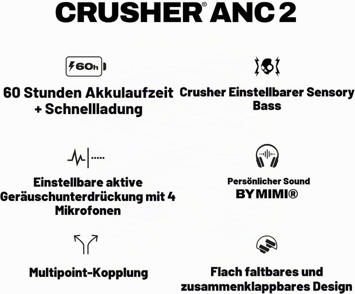 Skullcandy Crusher ANC 2 Over-Ear Noise Cancelling Wireless-Kopfhörer mit Sensory Bass, 50 Std. Akku