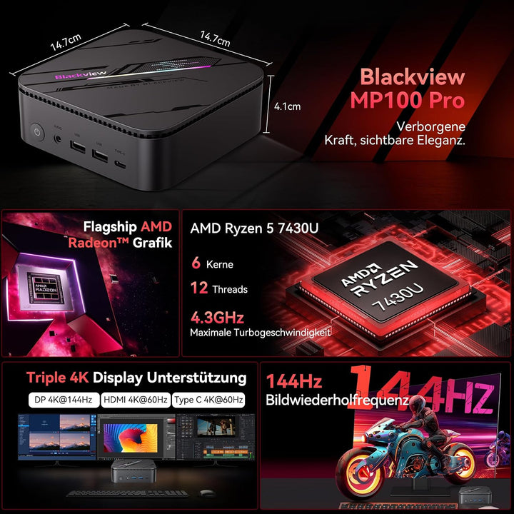 Blackview Mini PC MP100 Pro, 2026 AMD Ryzen 5 7430U, Win 11 Pro Kompakter Desktop-PC, 16GB RAM (rasa