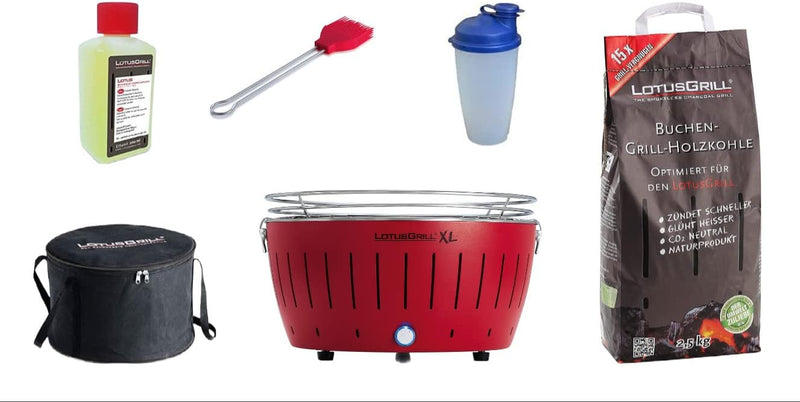 LotusGrill XL Starter-Set 1x XL Grill Feuerrot mit USB-Anschluss, 1x Buchenholzkohle 2,5 kg, 1x Bren
