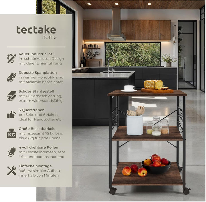 tectake® Industrial Servierwagen mit Rollen, Kücheninsel Küchenregal 3 Ablagen, Küchenschrank, Gewür