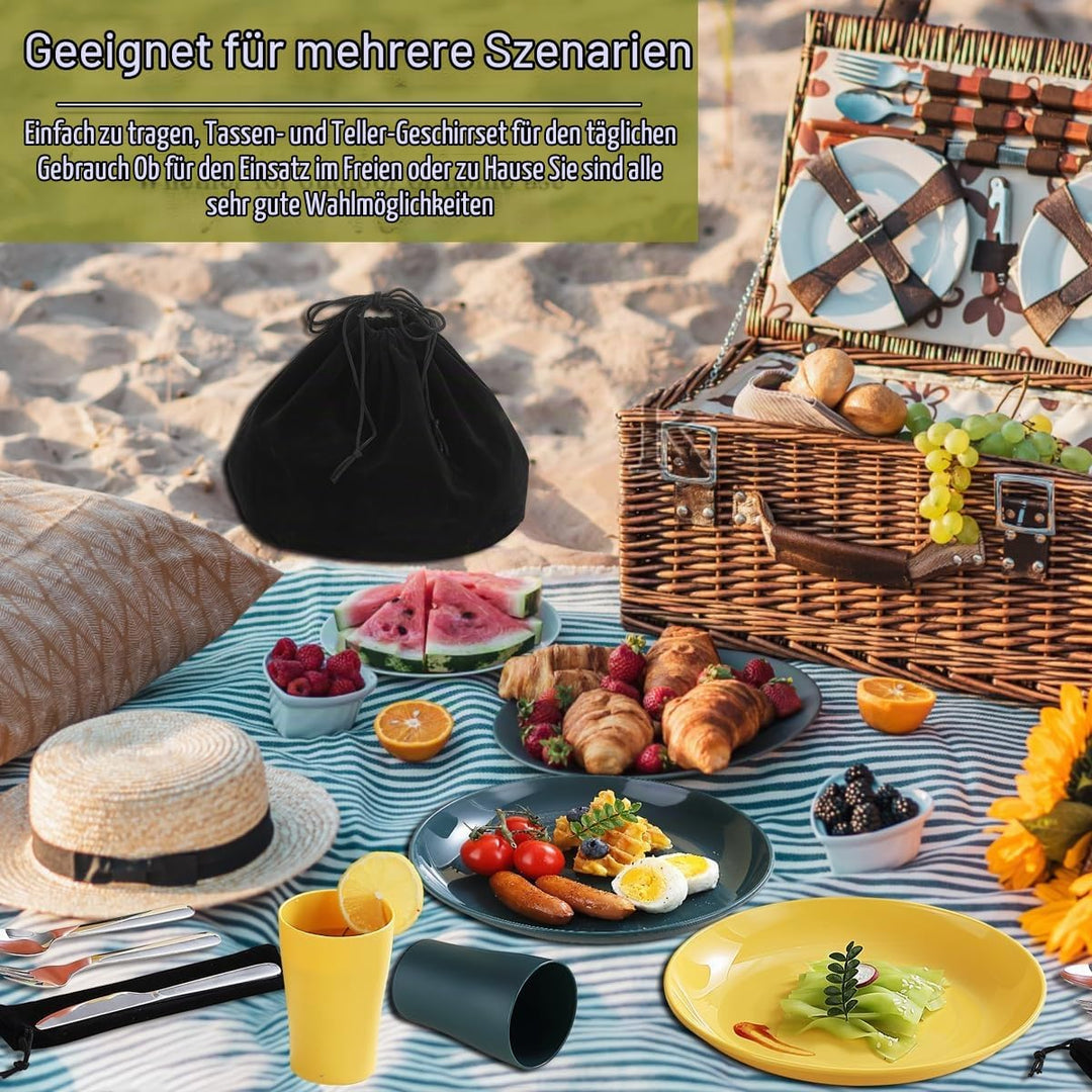 Evanda Camping Besteck Set 10 teilig, wiederverwendbarer leichter Becher, Teller und Edelstahlbestec