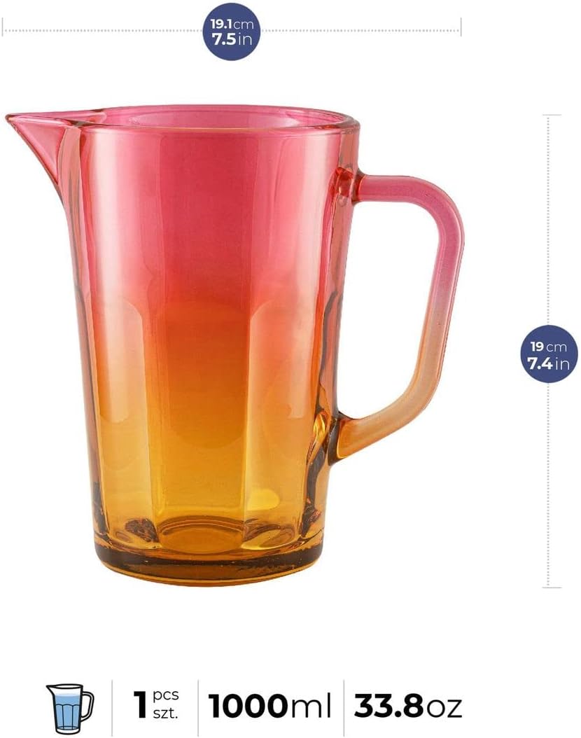 TREND FOR HOME Wasserkaraffe Glas 1 Liter mit Handlichem Griff Bunt Wasserkrug 19 cm Glaskanne Orang