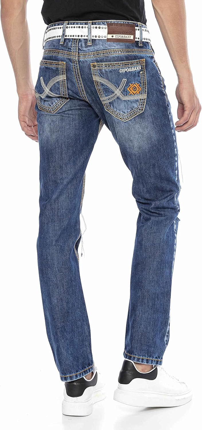Cipo &amp; Baxx Herren Jeans &amp; Freizeithose | Used Look, Ziernähte, Logo Stickerei, Kontrastnähten, Bike