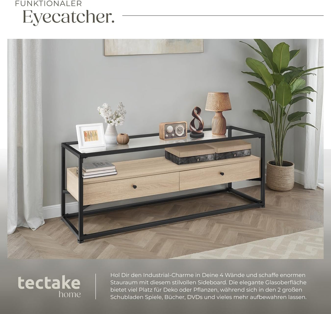 tectake® Lowboard mit 2 Schubladen und Ablagen, 121,5 x 41,5 x 50,5 cm, Fernsehtisch mit Glasplatte,
