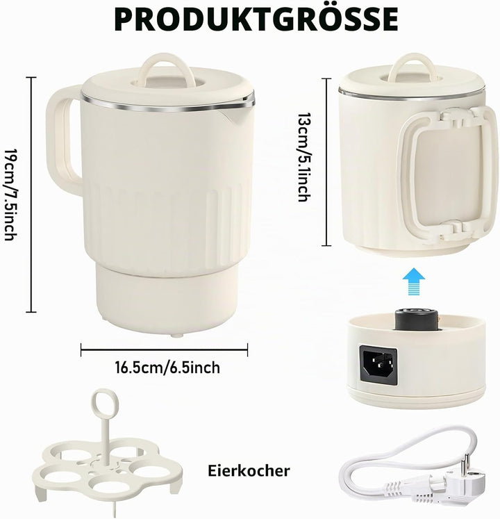 Faltbarer Wasserkocher 1L: 600W Edelstahl Reise Wasserkocher Camping, BPA-freier Elektrischer Wasser