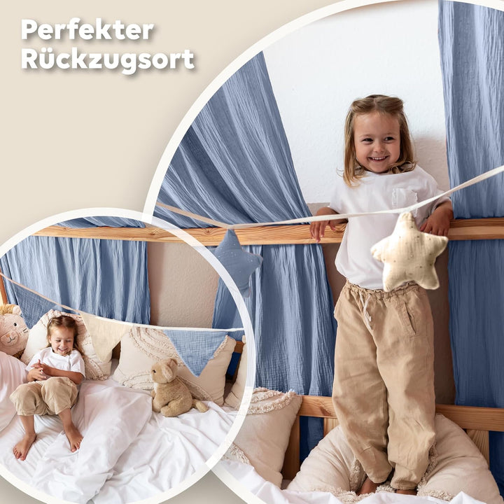 Hausbett Himmel mit Gold Applikation [in 12 Farben] Betthimmel Hausbett aus 100% Baumwolle Musselin