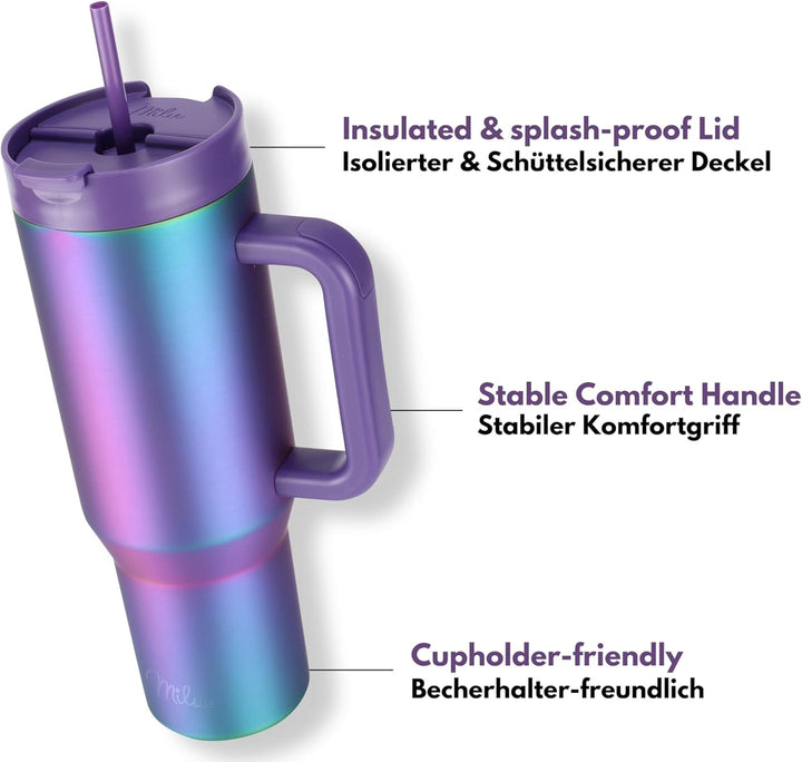 Milu Thermobecher 1200ml mit Strohhalm und Henkel – 48h Eis/24h kalt/12h heiss Edelstahl Tumbler 40o
