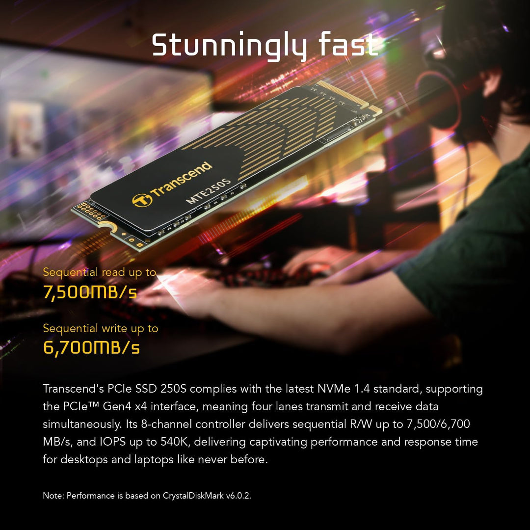 Transcend 4TB M.2 2280 PCIe Gen4x4 NVMe SSD - TS4TMTE250S 4T 22mm x 80mm x 3.77 mm, 4T 22mm x 80mm x
