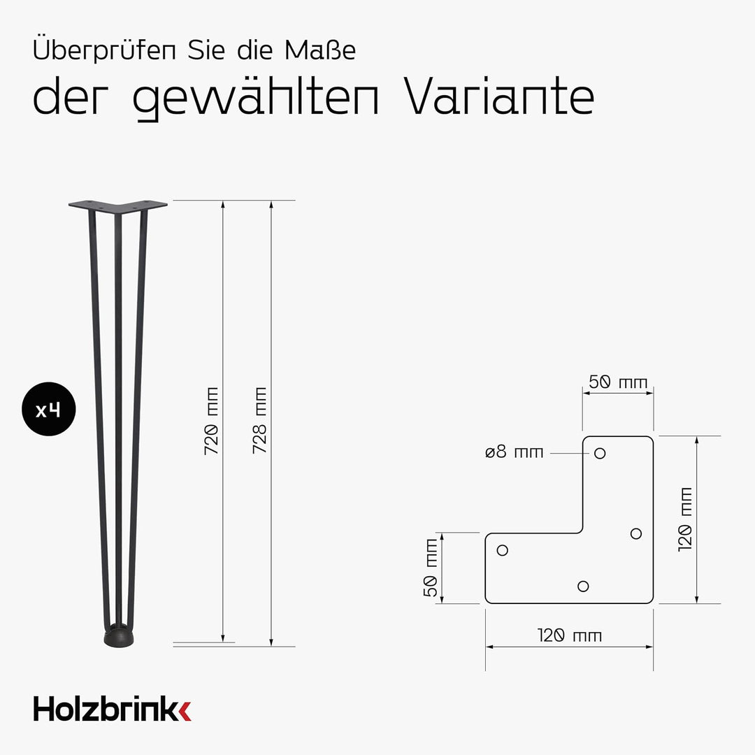 HOLZBRINK 4 x Hairpin Tischbeine Metall 3-Stangen, Hairpin Leg Möbelfuss, Schwarz, 72 cm, HLT-13A-72