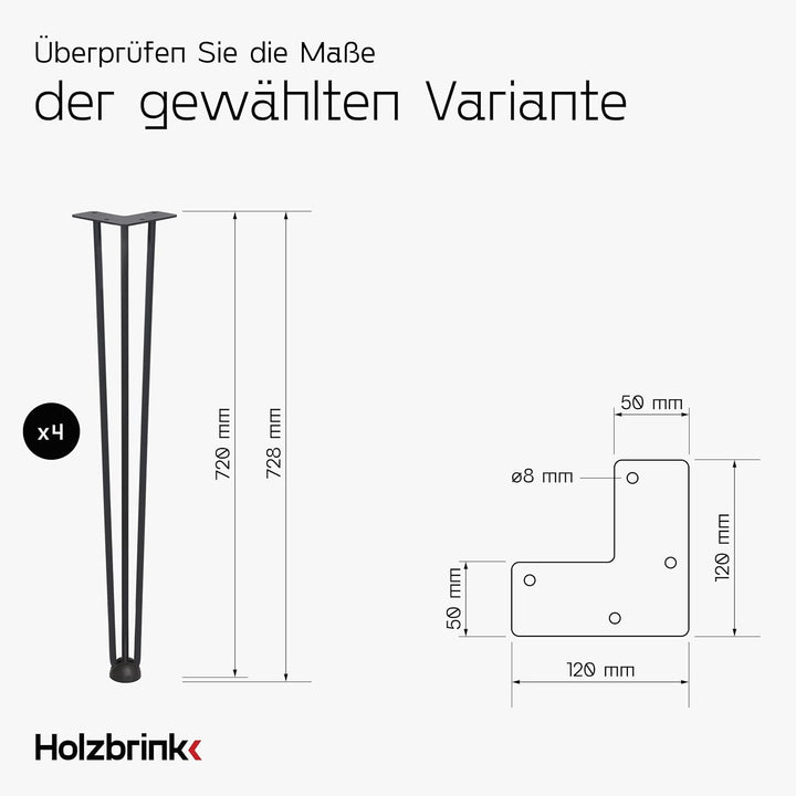 HOLZBRINK 4 x Hairpin Tischbeine Metall 3-Stangen, Hairpin Leg Möbelfuss, Schwarz, 72 cm, HLT-13A-72