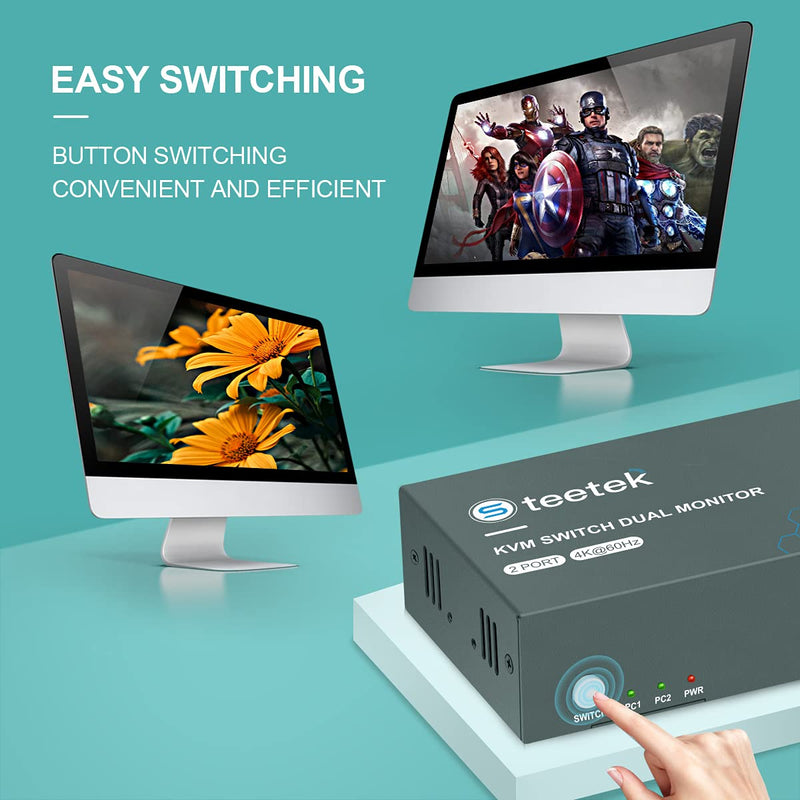 Steetek KVM Switch 2 Monitore 2 Port 4K@60Hz, USB2.0, KVM Switch HDMI unterstützung Button Switch, 2