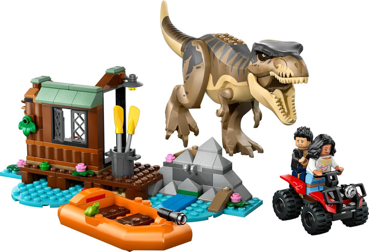 LEGO Jurassic World Flucht vor dem T.Rex – Interaktives Spielzeug mit Dinosaurier-Figur, Boot, ATV u