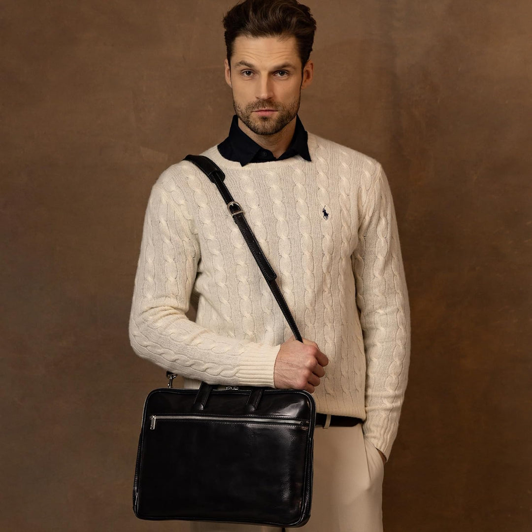 Time Resistance Leder Aktentasche Herren mit Schultergurt - Handgefertigt in Italien - Arbeitstasche