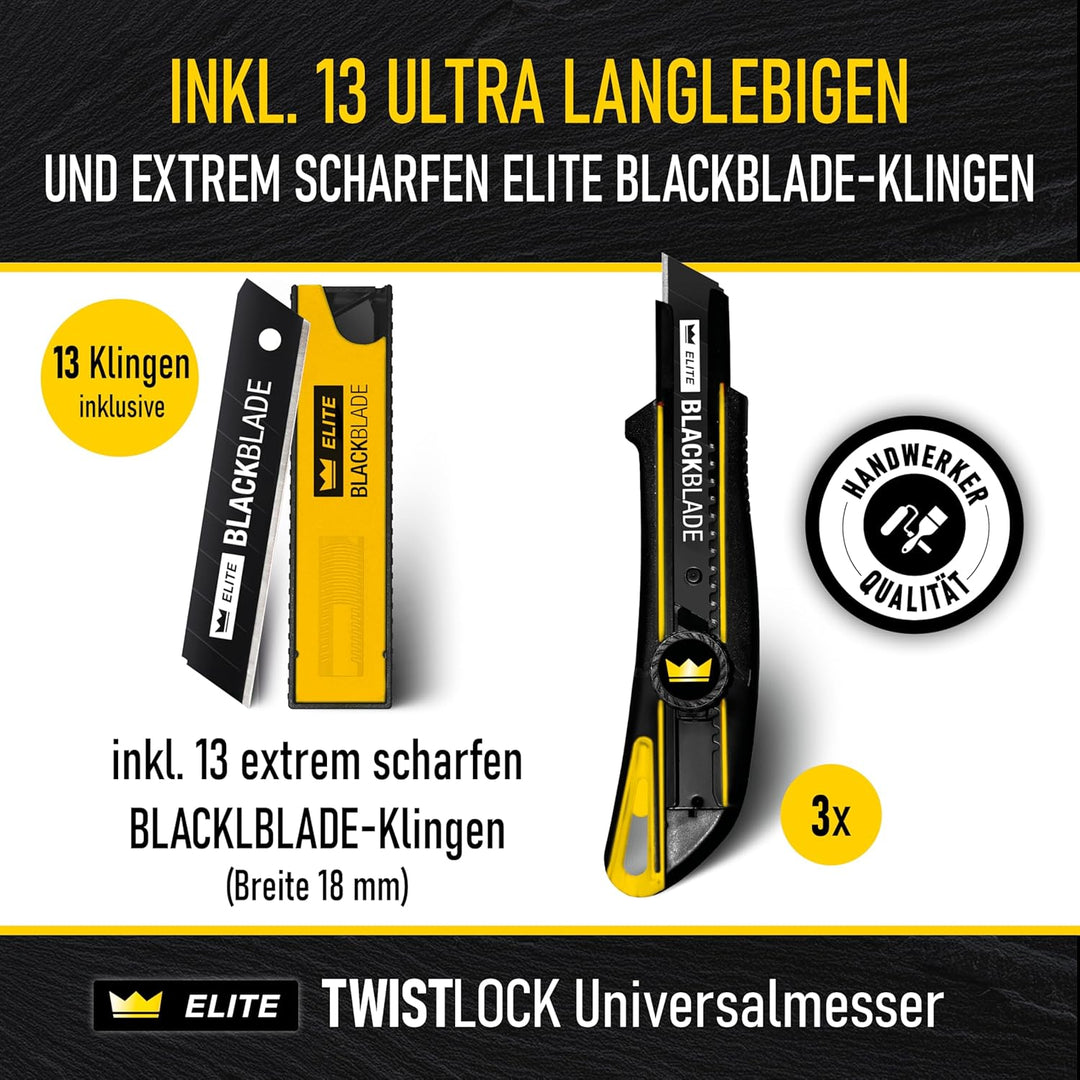 3x ELITE TWISTLOCK Universalmesser-Set inkl. 13x BLACKBLADE-Ersatzklingen – Vielseitiges Teppichmess