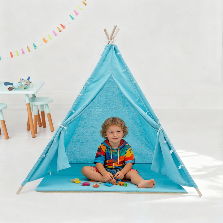 Tipi Zelt für Kinder, Spielzelt Kinder mit weicher Matte &amp; Lichterkette, 1,4m hohes Kinderzelt aus B
