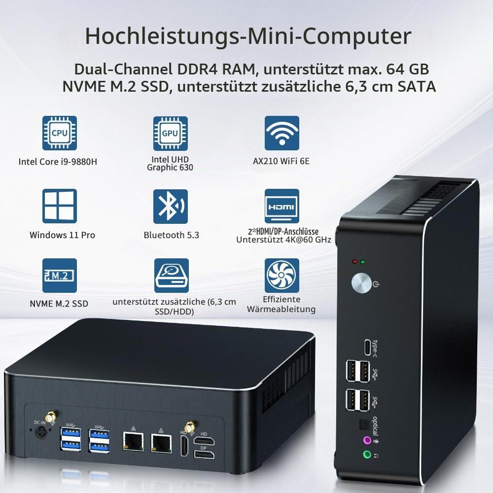 Thdeukoty Mini PC mit Core i9-9880H 2,3 bis zu 4,8GHz, 64G DDR4 1T NVME SSD, Windows 11 Pro Desktop