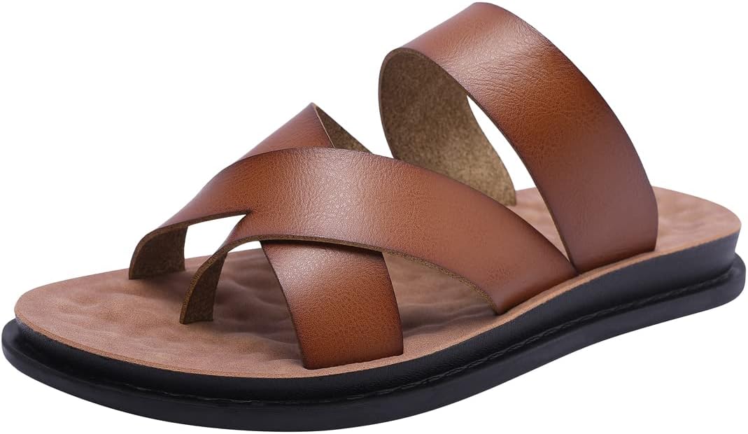 Harssidanzar Herren Sandalen Hausschuhe Cross Straps Slide Slip On Flip Flops für Männer Toe Ring St