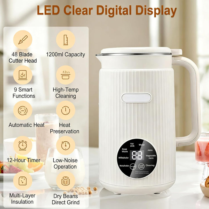 Nussmilchmaschine, 1200ml Pflanzenmilchbereiter mit 48 Klingen, LED Anzeige, 8 Stunden Warmhaltefunk