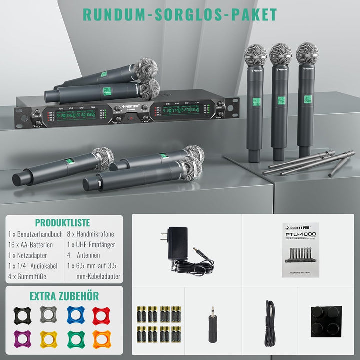 Phenyx Pro Drahtloses Mikrofonsystem, 8-Kanal UHF kabelloses Mikrofon mit Metall-Handmikrofonen, dyn