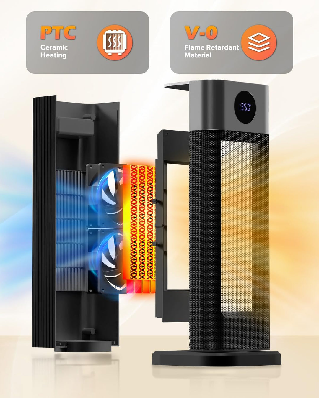 Heizlüfter Energiesparend, 2000W PTC Keramik Heizlüfter Room Heater mit Thermostat Fernbedienung 70°