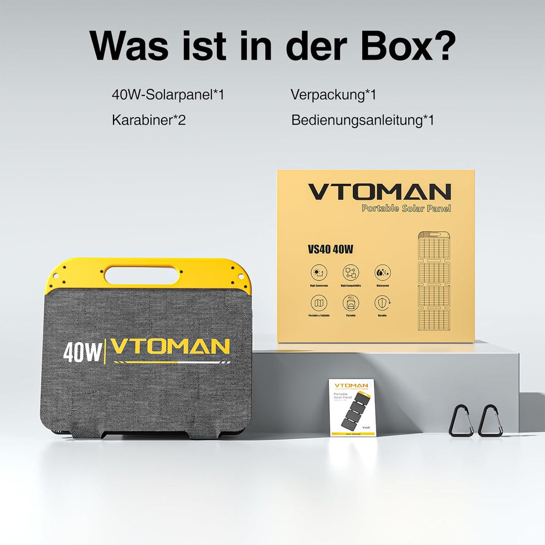 VTOMAN VS40 Tragbares Solarpanel 40W 13,9V, 25% Wirkungsgrad Faltbar | Solarpanel / IP67 Wasserdicht
