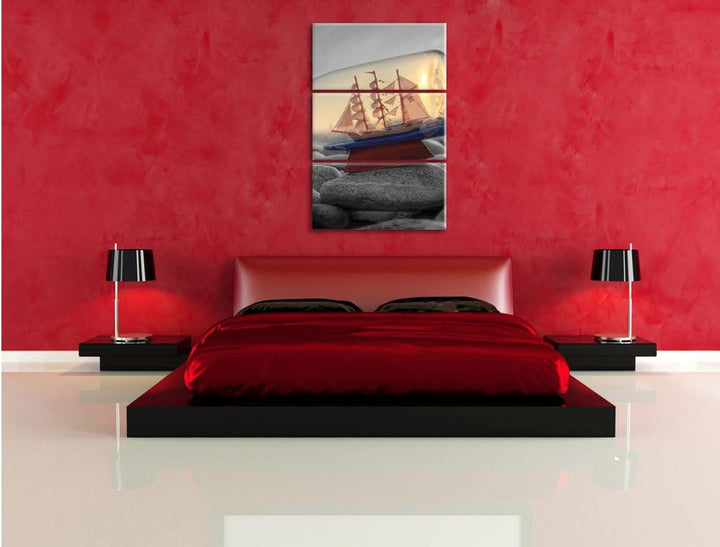 Pixxprint Schiff in Flasche am Steinstrand als Leinwandbild/Grösse: 3 Teilig (120x80 cm) cm/Wandbild