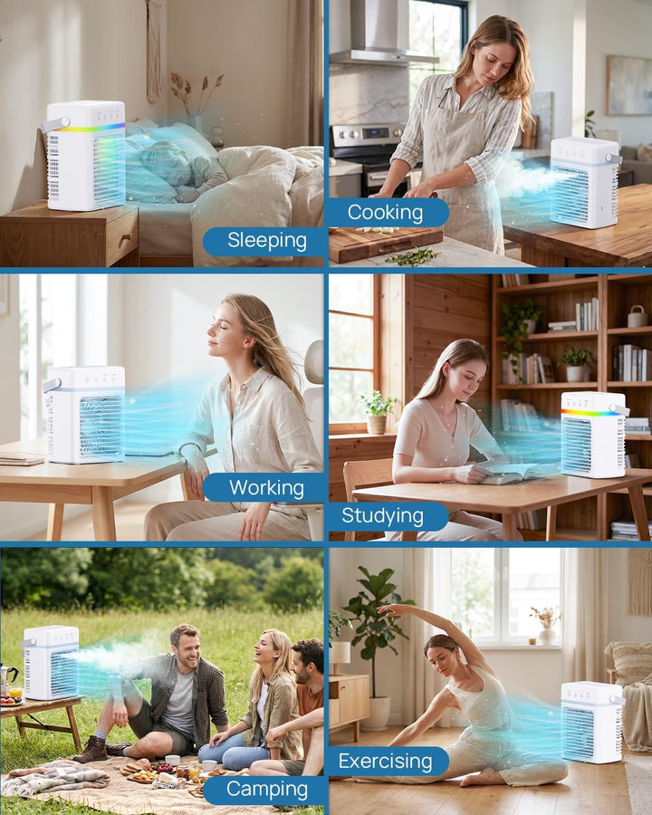 Klimaanlage Mobil 4-IN-1, Mini Mobiles Klimagerät mit 900ML Wasserkühlung, USB betrieben, 3 Geschwin