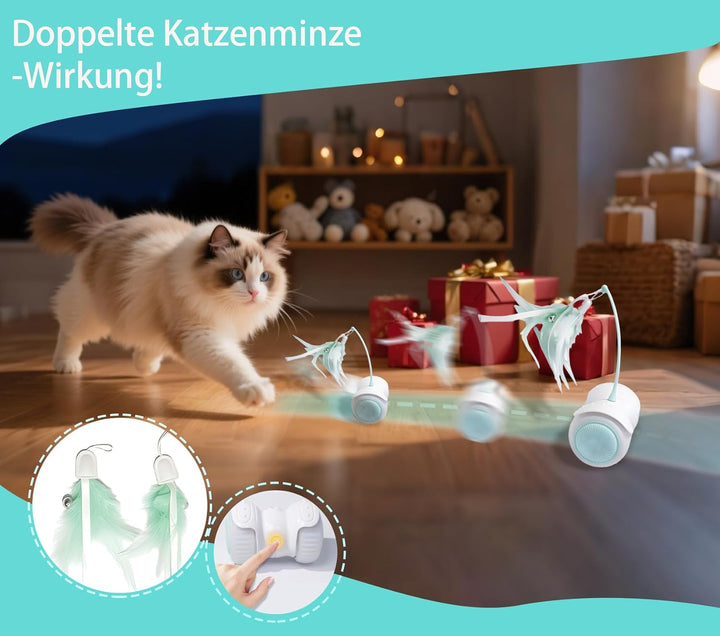 Interaktives Katzen-Spielzeug Auto: 360°Freilauf-Funktion,2 Kamillenminze-Federn,Auto/Manuell - Modu