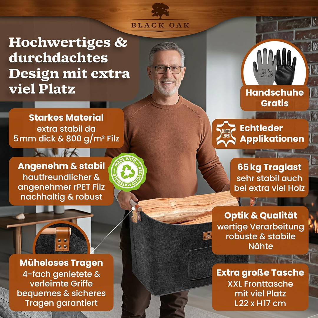 BLACK OAK Montana XXL 100L Filzkorb &amp; Holzkorb für Kaminholz - Echt-Leder Applikation + breite Griff