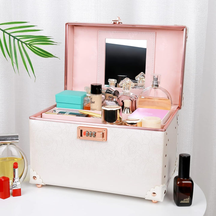urecity Vintage Leder Kosmetikkoffer mit Spiegel - Hartschale Schminkkoffer für Damen, Reise Make-up