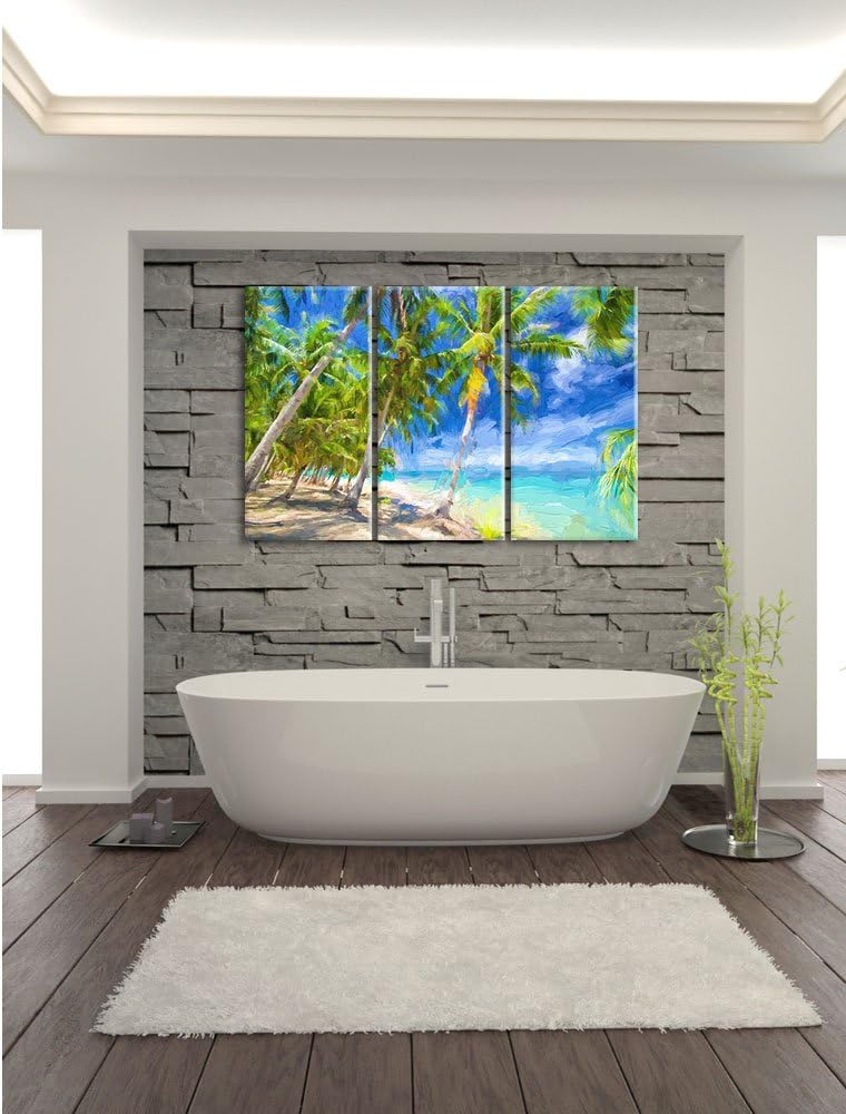 Pixxprint Traumstrand mit Palmen Pinsel Effekt 3-Teiler Leinwandbild 120x80 Bild auf Leinwand