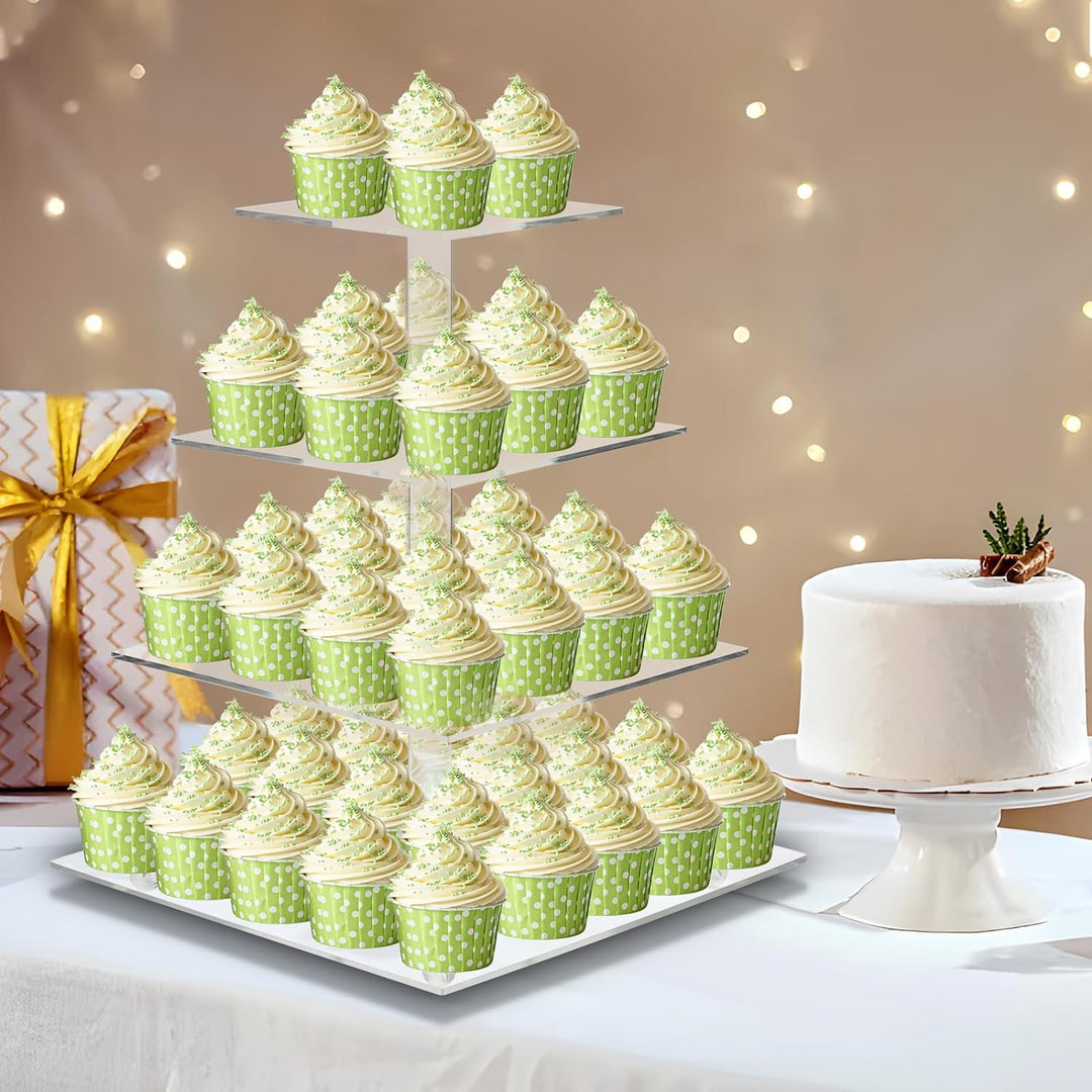 Ecoseao Cupcake-Ständer mit 4 Etagen, transparent, quadratisch, aus Acryl, Dessert-Turm für Hochzeit