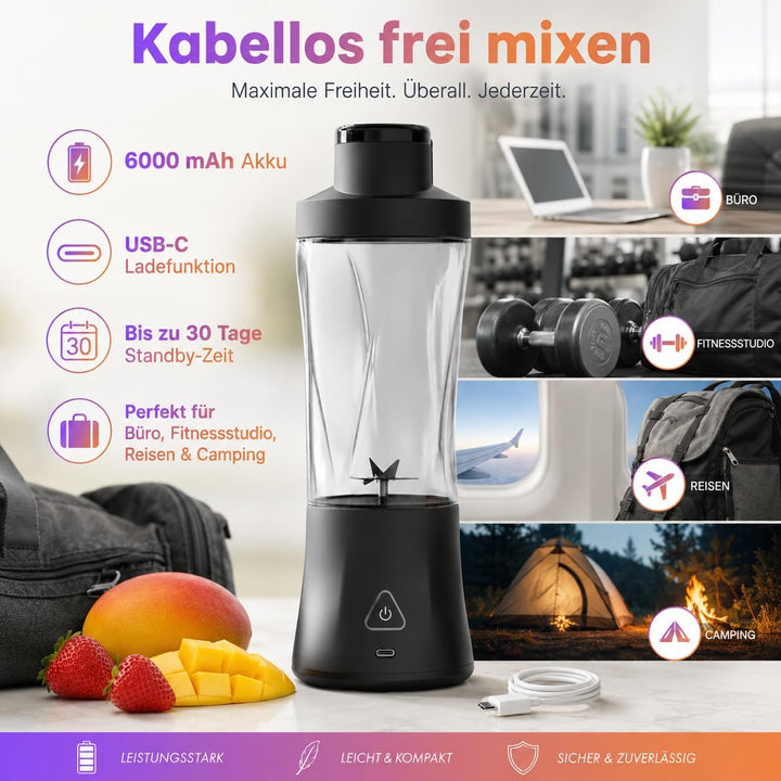 Tragbarer Mini Mixer mit Akku 6000 mAh, 240W Smoothie Maker, 650 ml To-Go Blender, 6 Edelstahlklinge