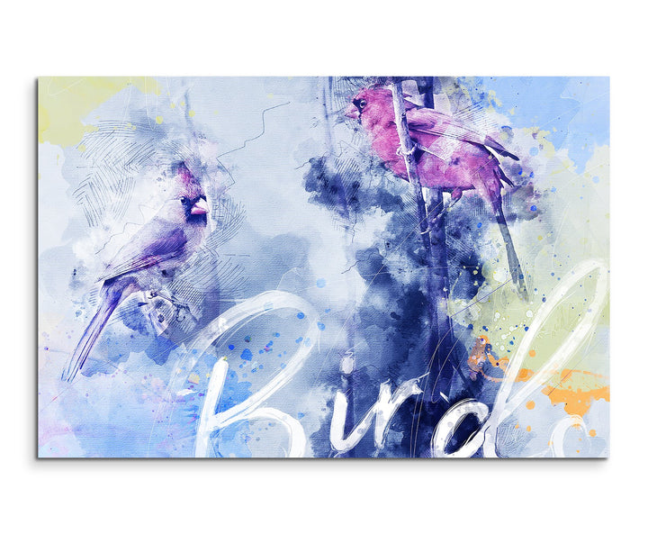 Paul Sinus Art Bild Leinwand 120x80cm Vögel auf Zweigen in Blautönen mit Kalligraphie, 120x80cm
