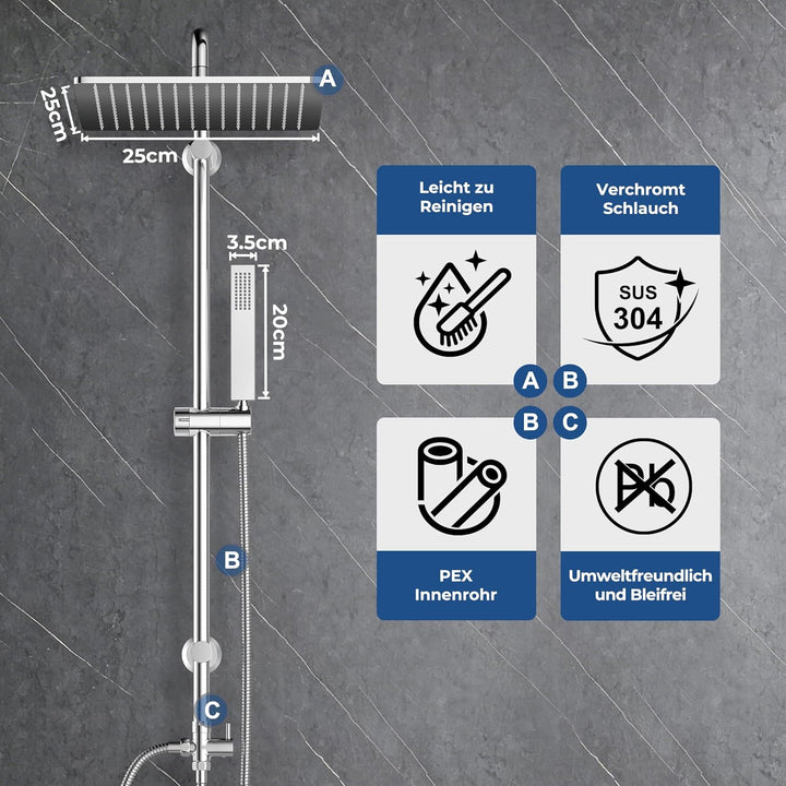 Görbach Regendusche Duschsystem ohne Armatur, Edelstahl Duschset mit Verstellbarer Duschstange, Kopf