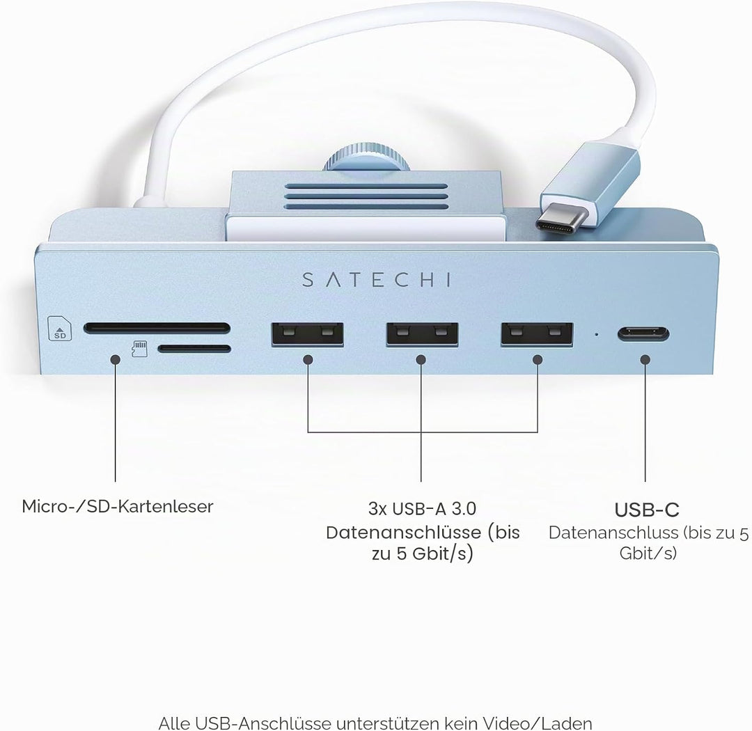 SATECHI USB-C Klemm Hub, für iMac M4, USB-C Daten, 3X USB-A 3.0, Micro-/SD Kartenleser, für iMac M4