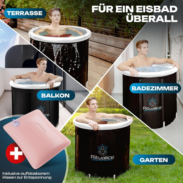 Ritualice® Eisbad (80 cm Ø) XL - TESTSIEGER - Eistonne Set mit Deckel und Stoffbezug - Eisbaden idea