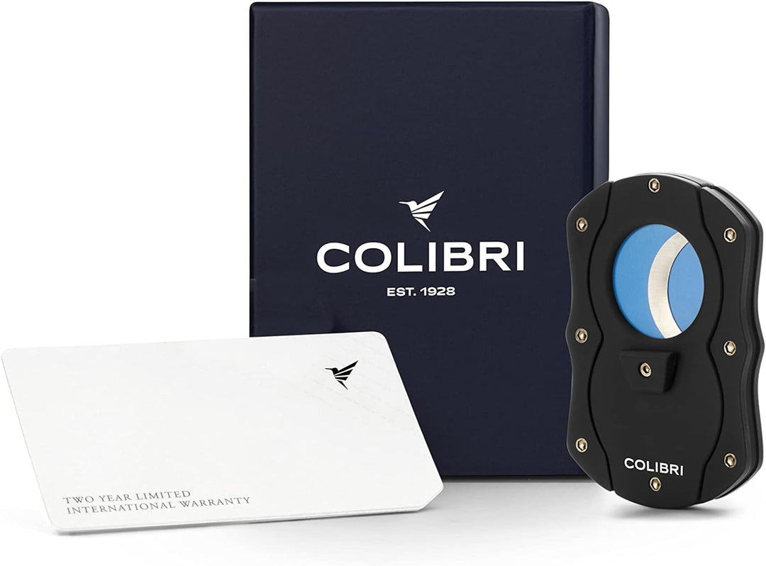 Colibri Cut | Doppel-Guillotine-Zigarrenschneider | Schwarz mit Blauen Klingen |Federauslöser | Bis