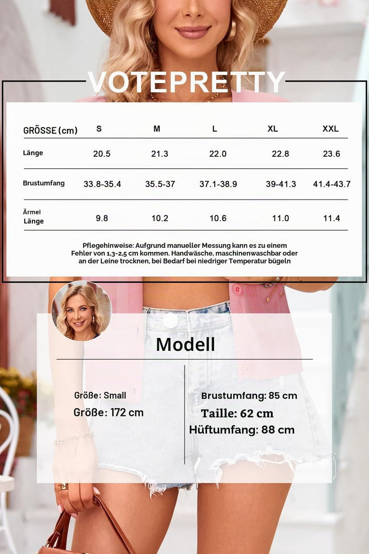VOTEPRETTY Damen Strickjacke Sommer Kurzarm Cardigan V Ausschnitt Leichte Solid Top Elegant Bolero S