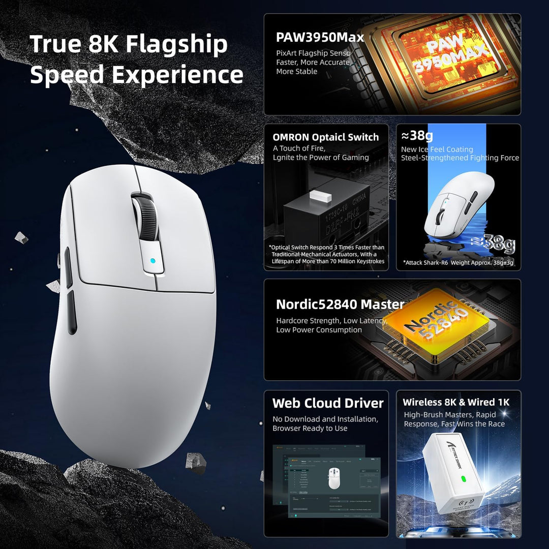 MAMBASNAKE x Attack Shark R6 Superlight Gaming Mouse, PixArt PAW3950MAX Sensor, 8K Wireless/BT/2.4G,