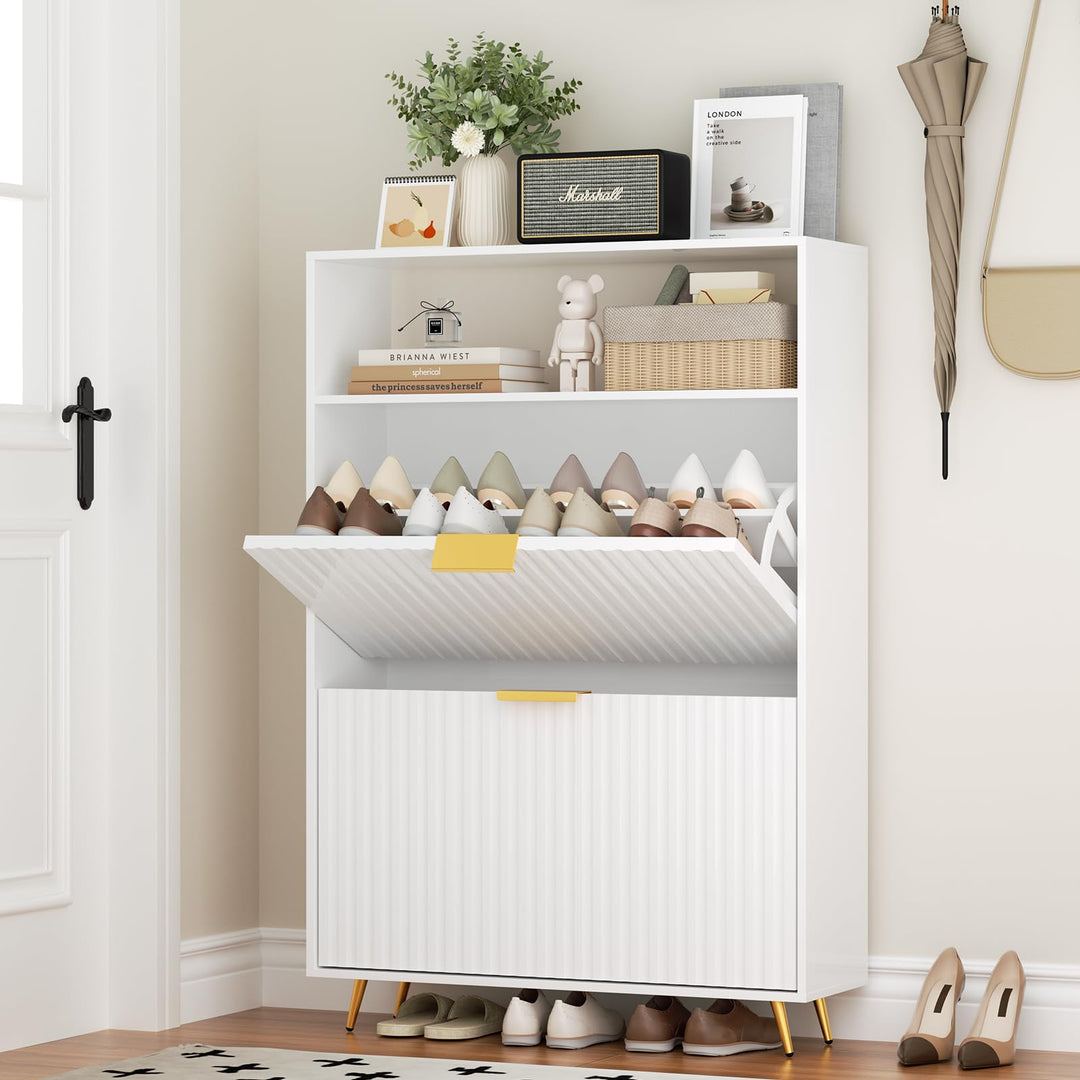 Urban Deco Schuhschrank Weiss, Schuhkipper mit 2 Klappen, Schuhregal Schmal mit Metallfüssen, Schuhs