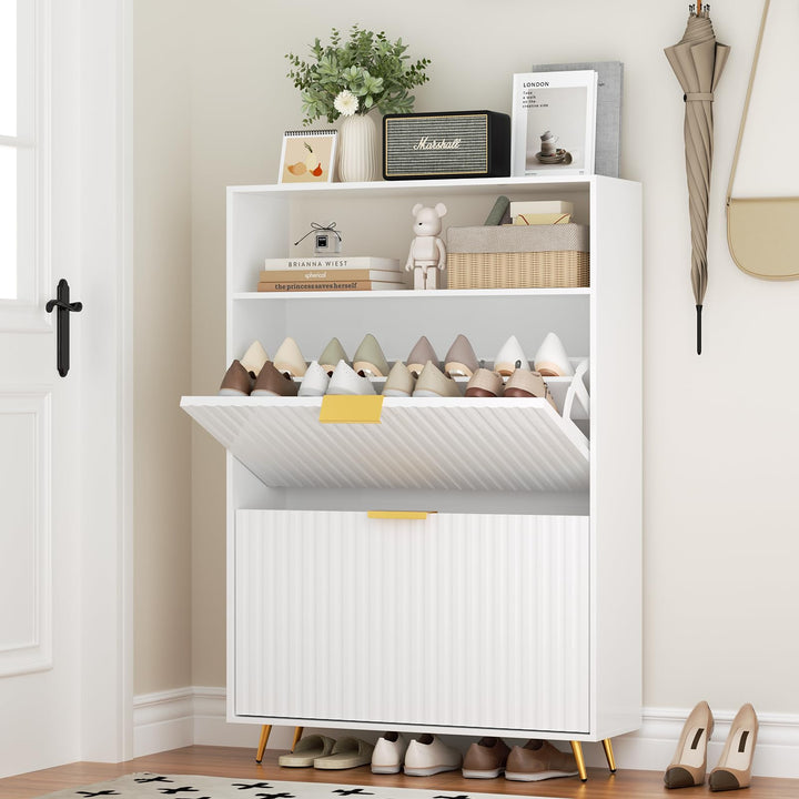 Urban Deco Schuhschrank Weiss, Schuhkipper mit 2 Klappen, Schuhregal Schmal mit Metallfüssen, Schuhs