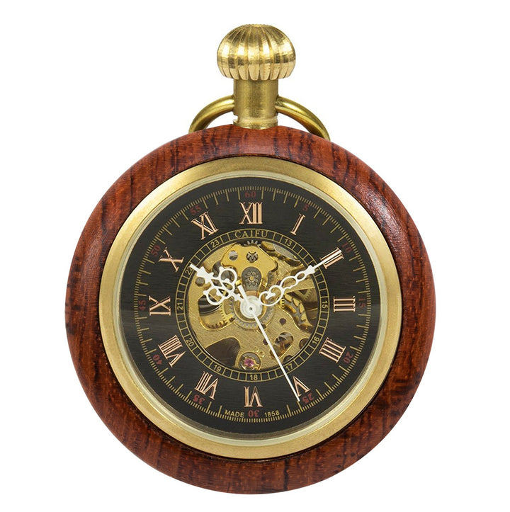 TREEWETO Unisex Holz Taschenuhr mit Kette Analog Handaufzug Skelett Römische Ziffern