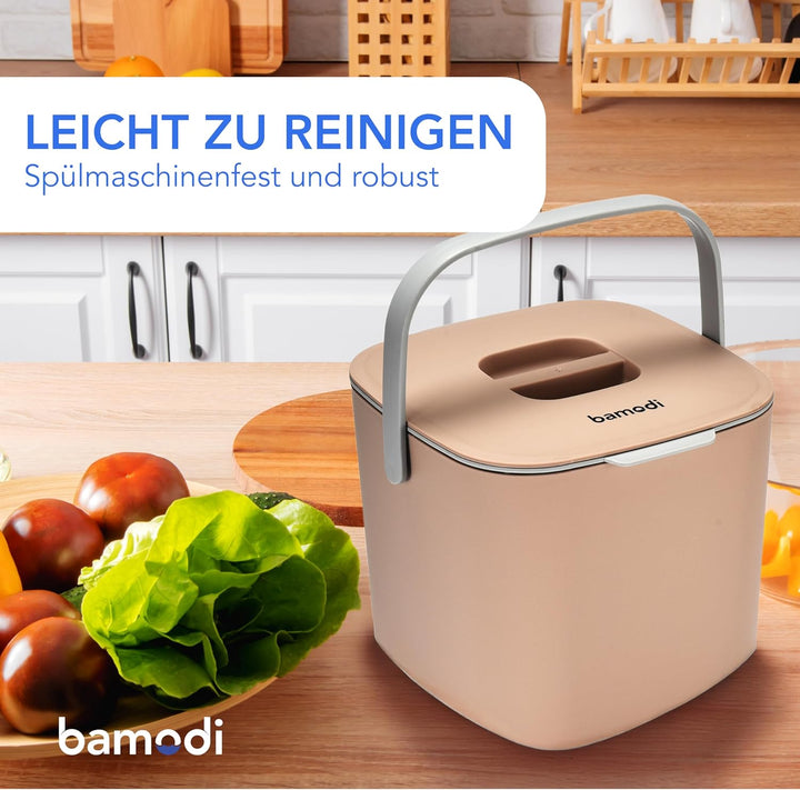 Bamodi Organic Bin 7L Peach mit Deckel und 2 Fächer - Bio-Abfalleimer für die Küche für den tägliche