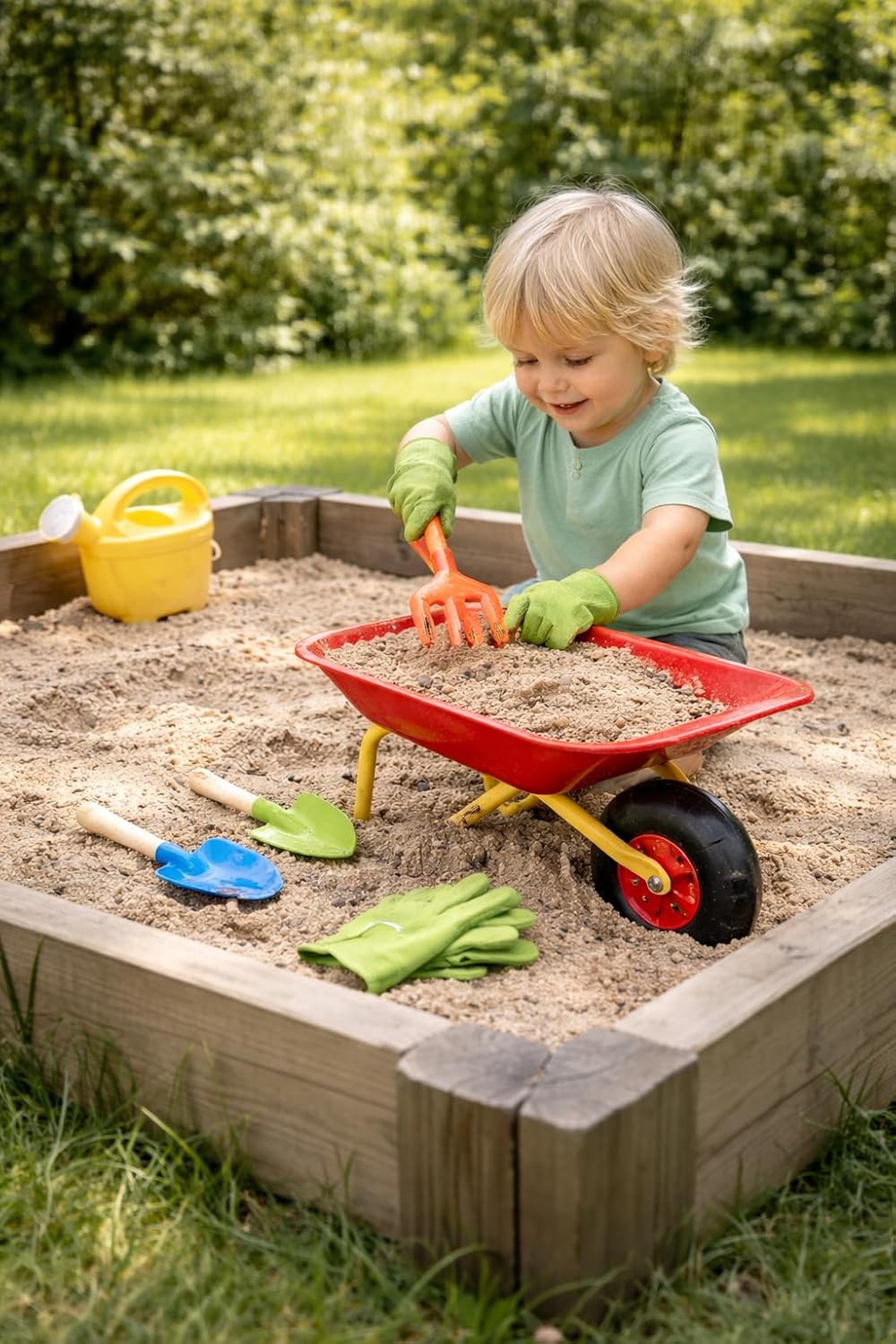 Kinder Schubkarren Set 7-Teile Metall &amp; Holz Gartenspielzeug mit Schubkarre, Schaufel, Harke, Forke,