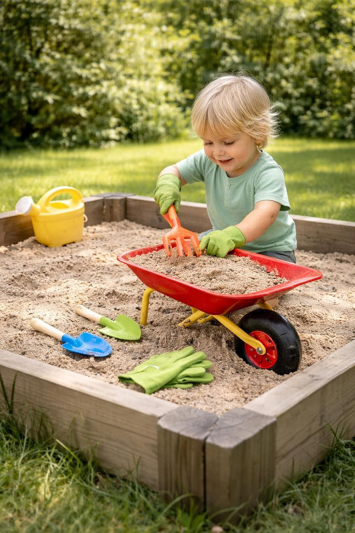 Kinder Schubkarren Set 7-Teile Metall &amp; Holz Gartenspielzeug mit Schubkarre, Schaufel, Harke, Forke,