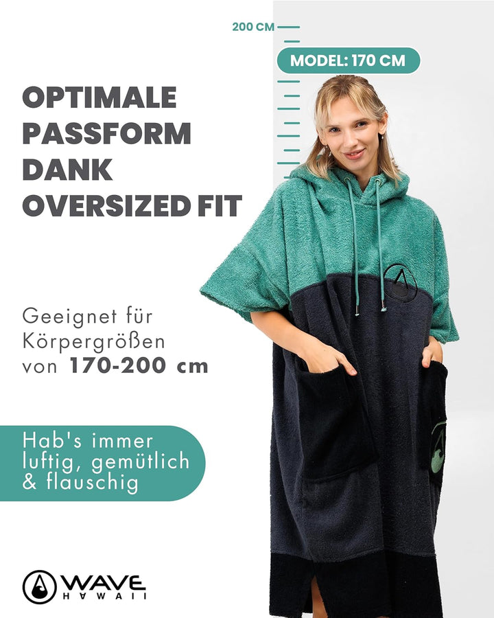 WAVE HAWAII Poncho Move Surfponcho 100% Baumwolle für Körpergrössen von 170-200 cm Umkleidehilfe für