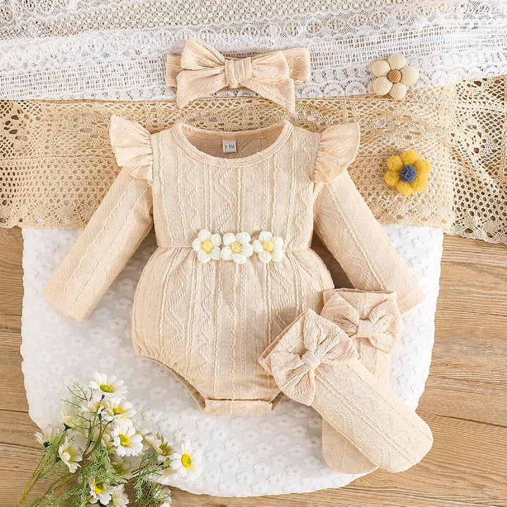Kunyeah 3Pcs Baby Mädchen Outfits Kleinkind Ruffle Strampler Langarm Bodysuit+Bow Haarband+Socken Ne