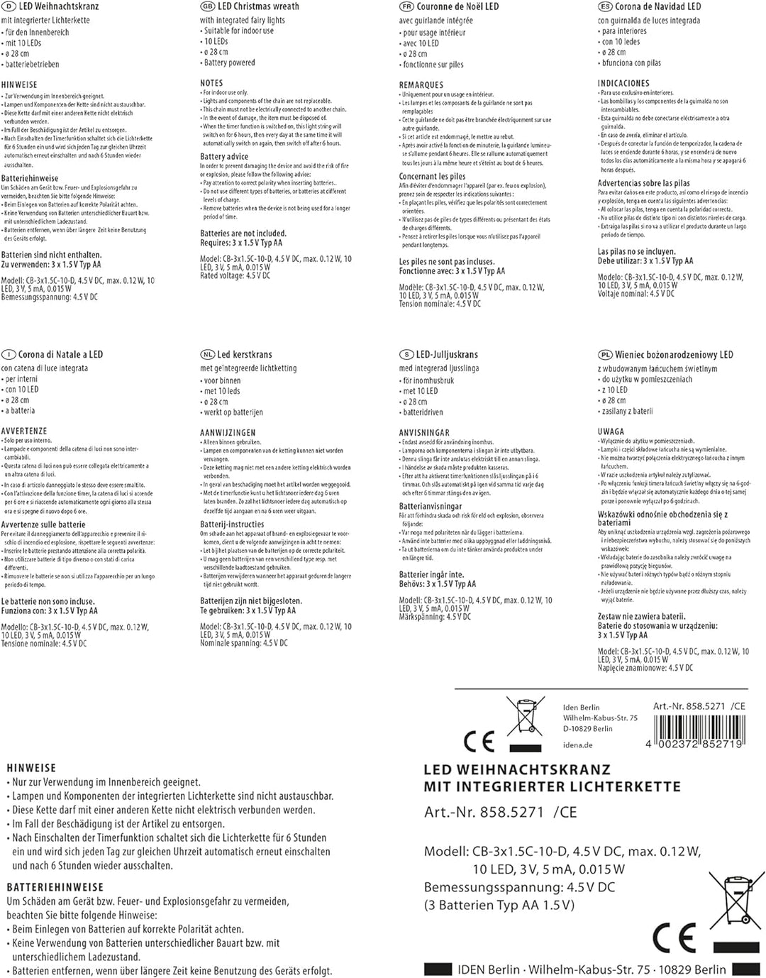Idena 8585271 - LED Weihnachtskranz mit Lichter-Kette und 10 LED in Warmweiss, 6 Stunden Timer Funkt