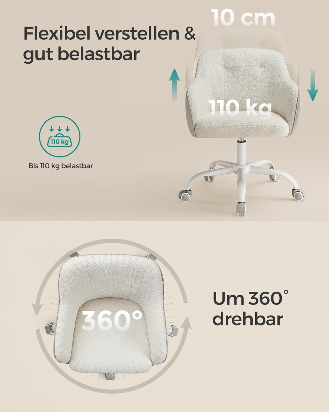 SONGMICS Homeoffice Stuhl, Drehstuhl, Schreibtischstuhl, höhenverstellbar, bis 110 kg belastbar, atm